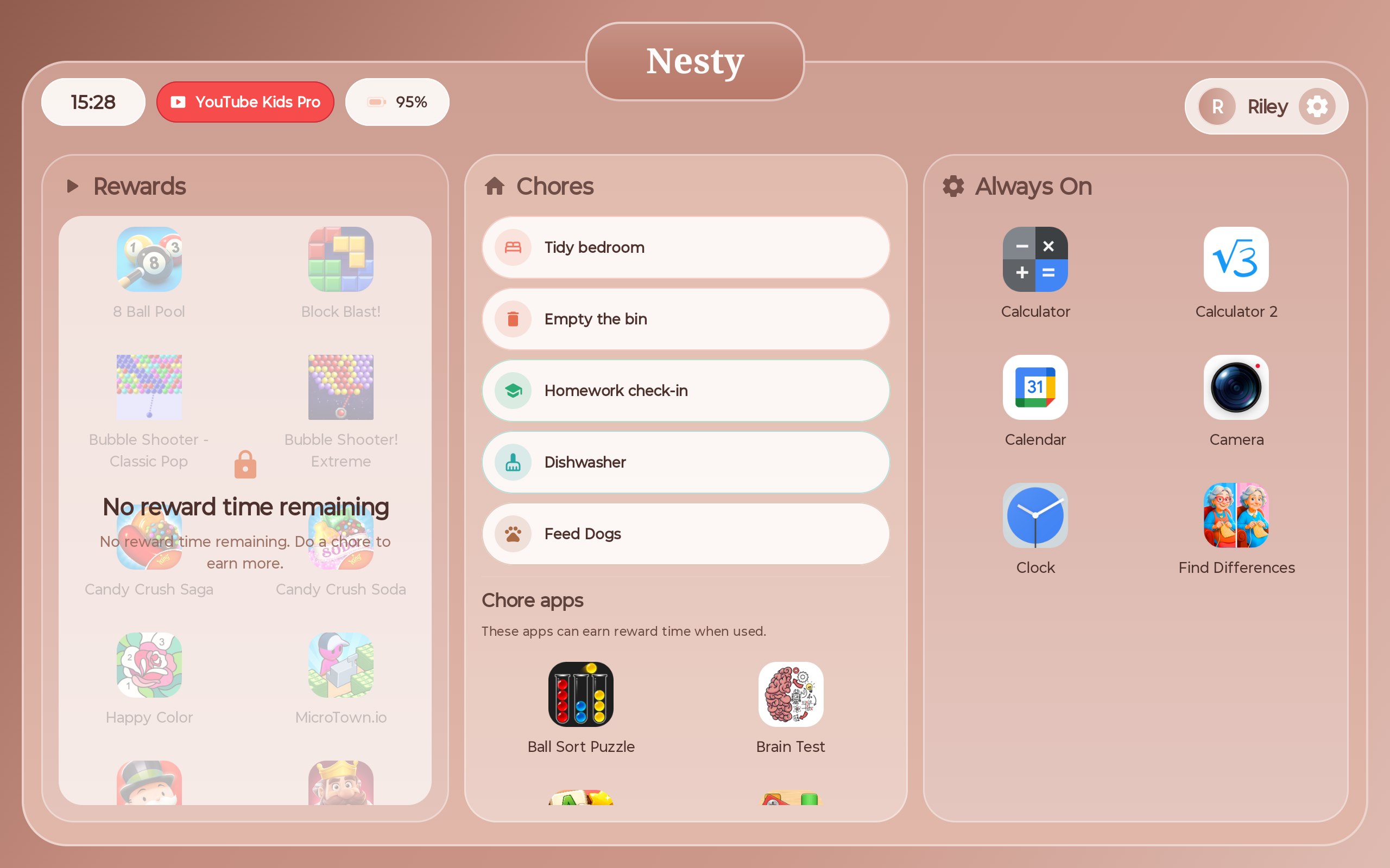Nesty child dashboard on Riley's Lenovo tablet showing rewards, chores, and always-on apps