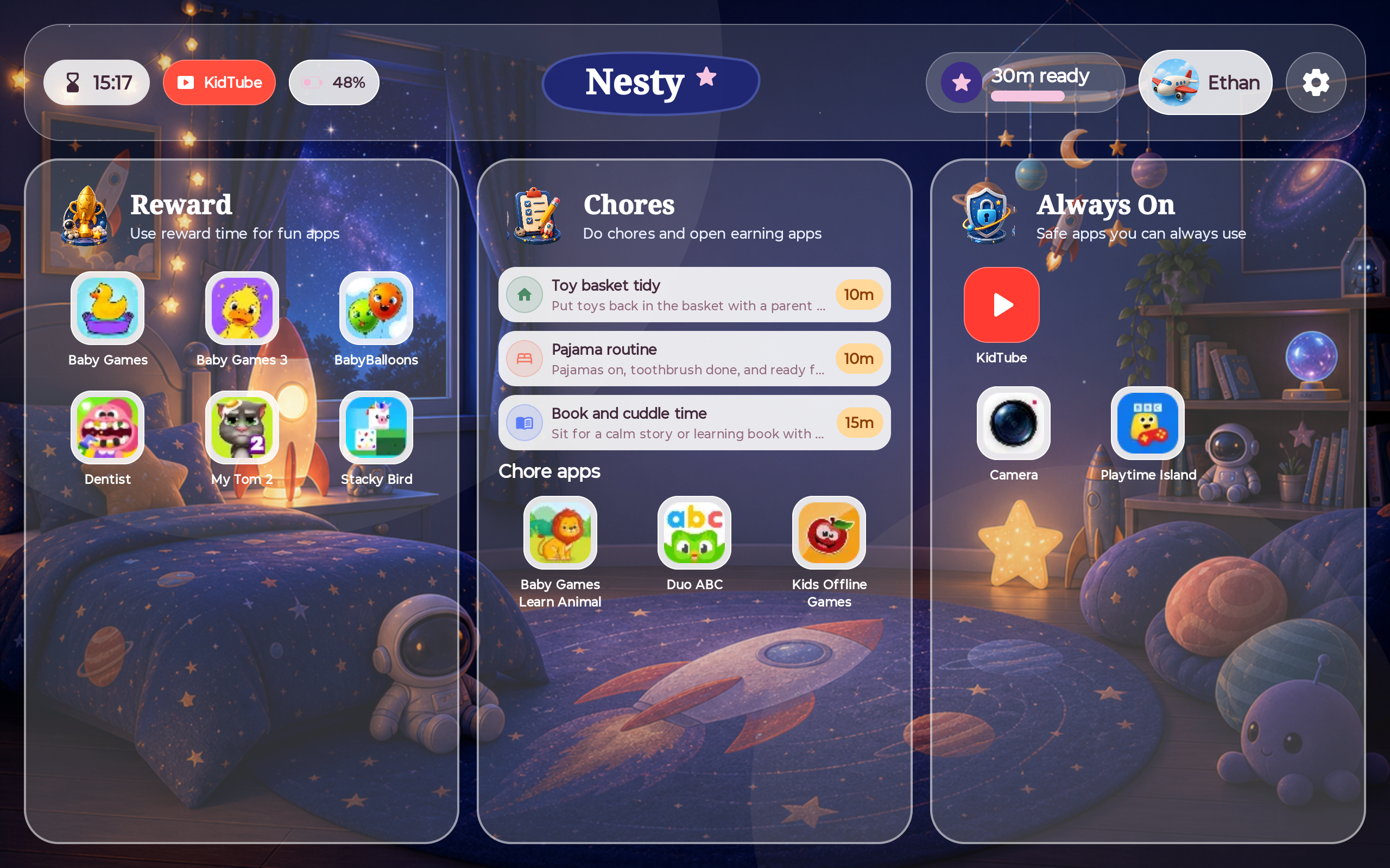 Nesty child dashboard showing reward apps, chores, KidTube, and always-on apps