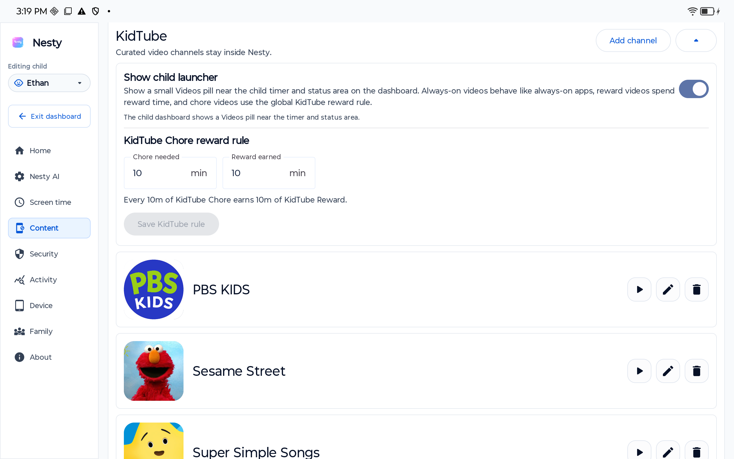 Nesty child tablet showing KidTube viewing with player controls