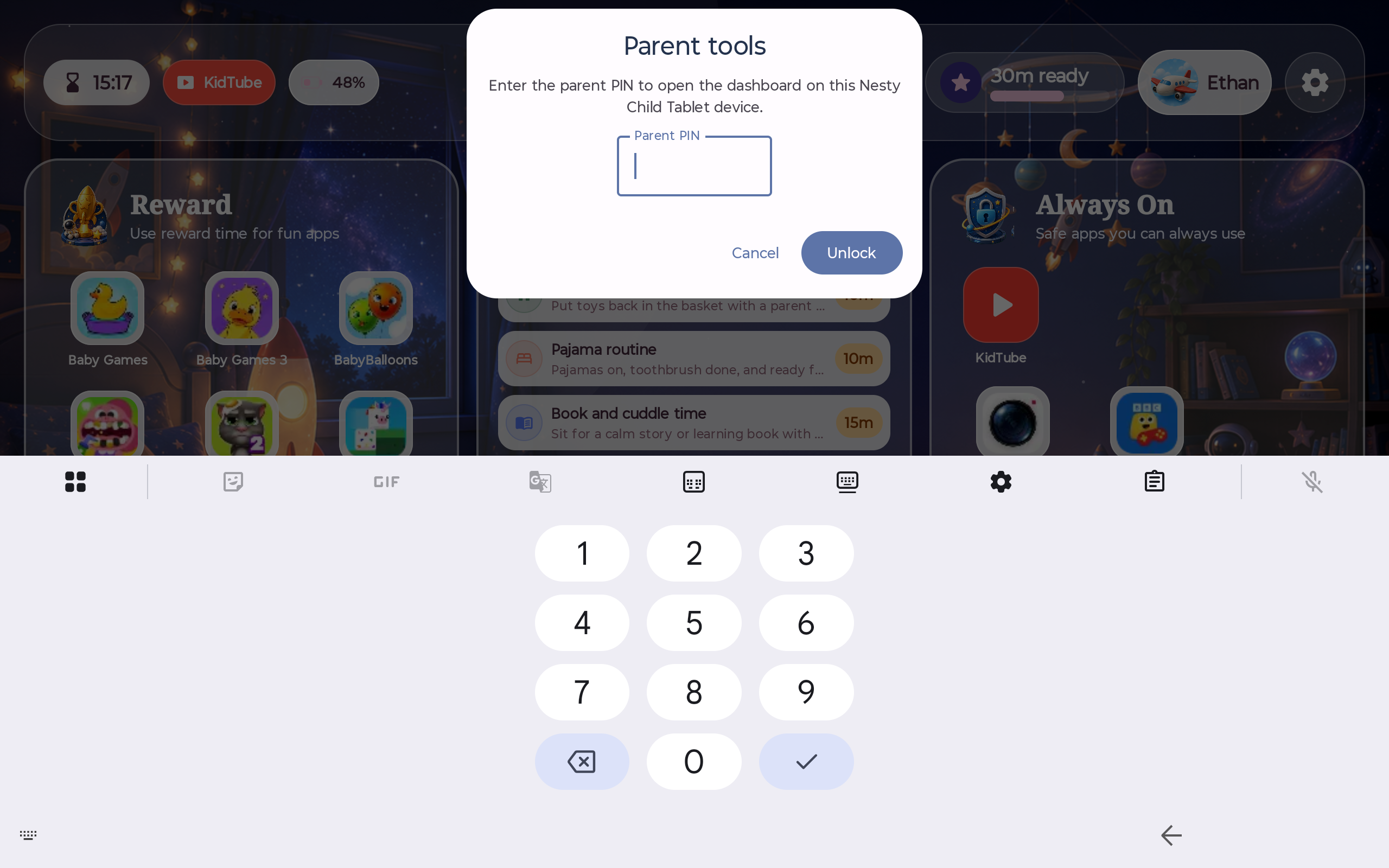 Nesty screen lock shown on the child tablet when time is off