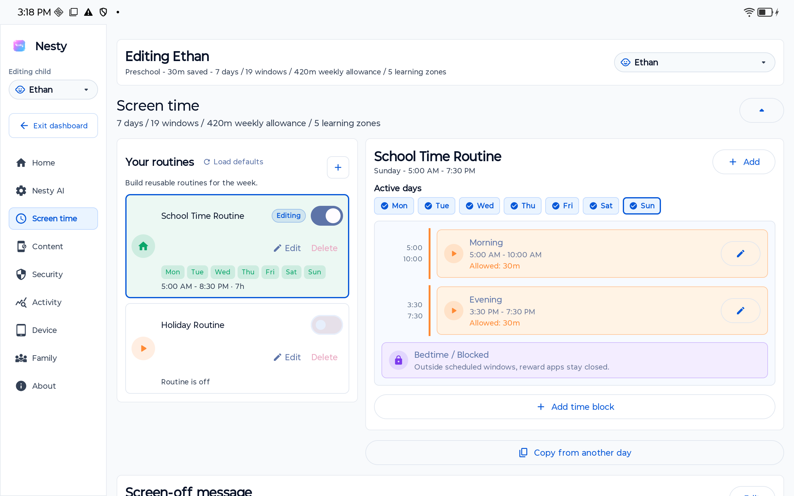 Nesty parent dashboard showing the family account and children