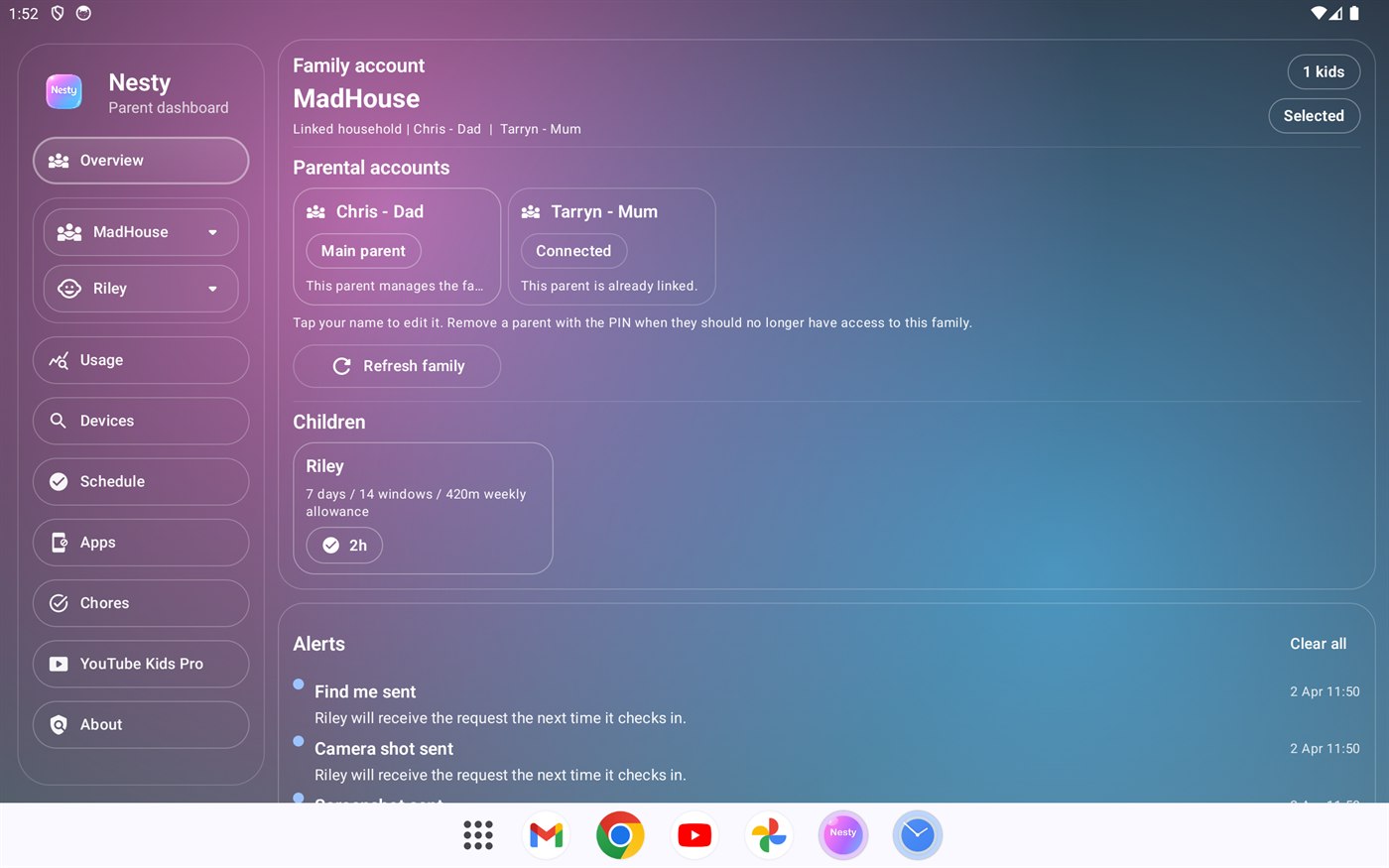 Nesty parent dashboard showing the family account and children
