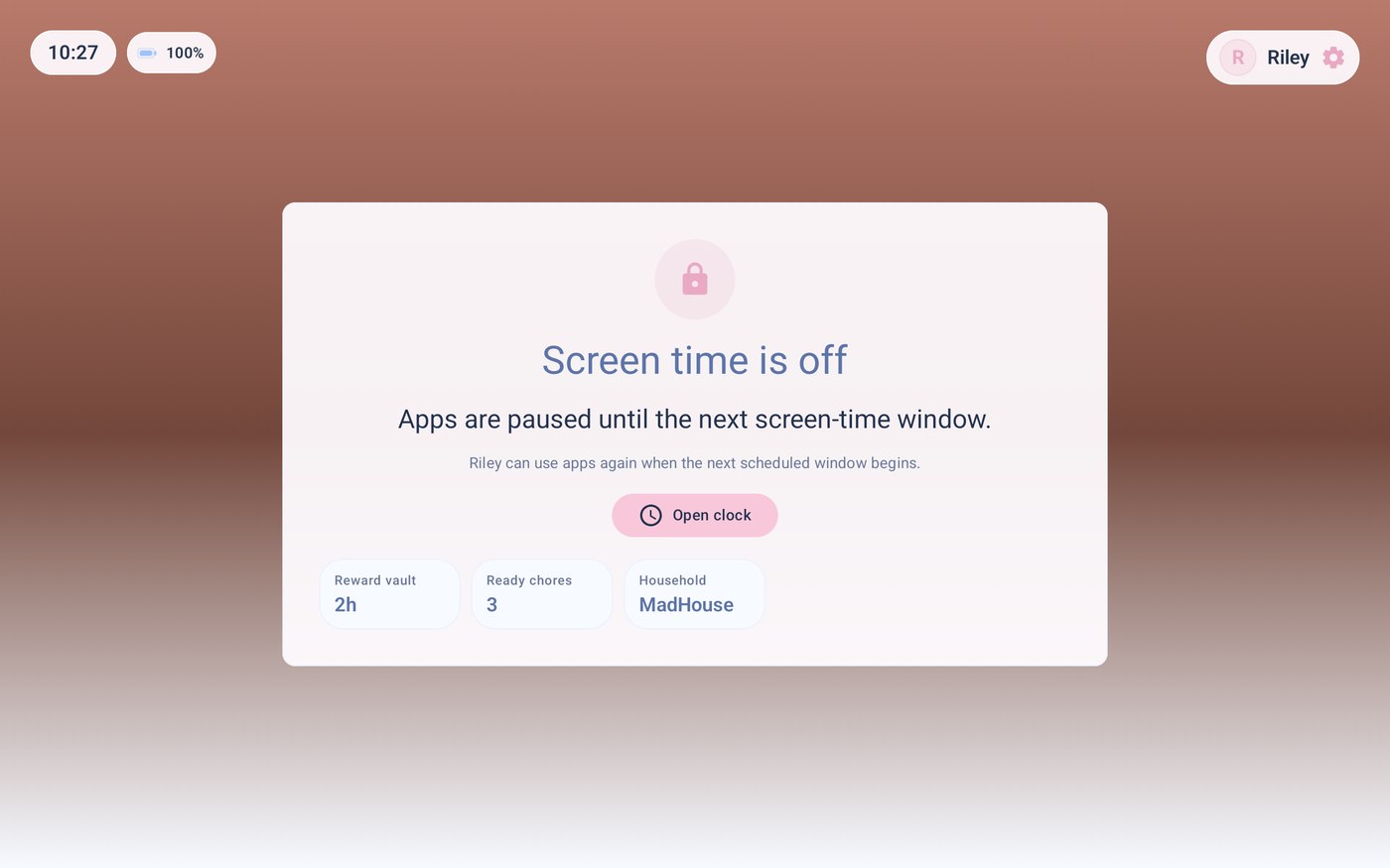 Nesty screen lock shown on the child tablet when time is off