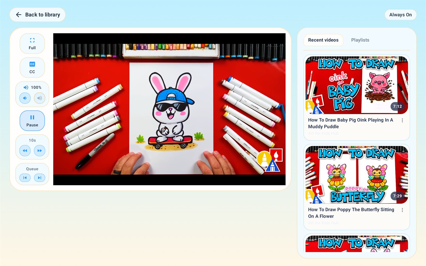 Nesty child tablet showing approved videos and compact player controls